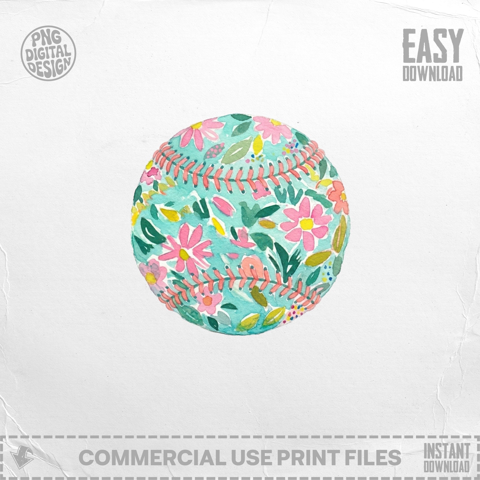 Watercolor baseball with floral pattern and "Easy Download" text.