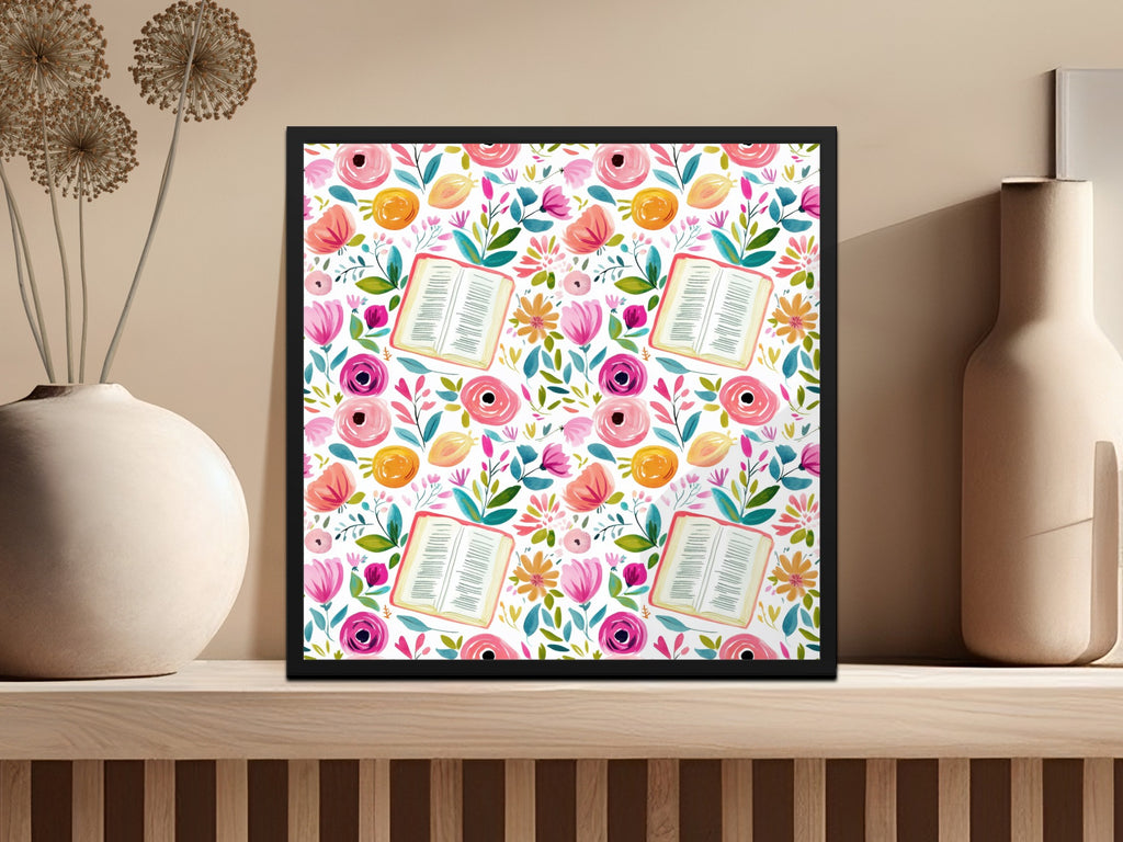 Colorful Floral Pattern with Books Wall Art Decor