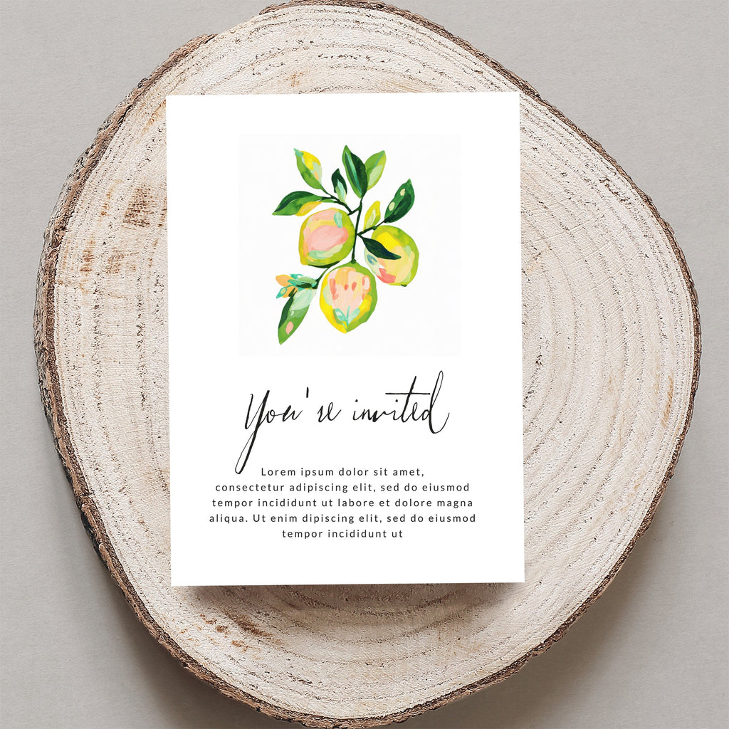 Invitation card with watercolor lemons and "You're invited" text.