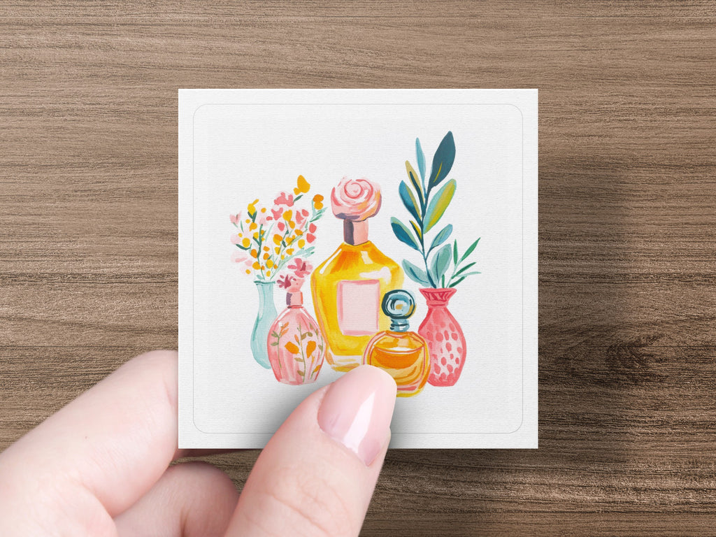 Watercolor illustration of perfume bottles with flowers and leaves.