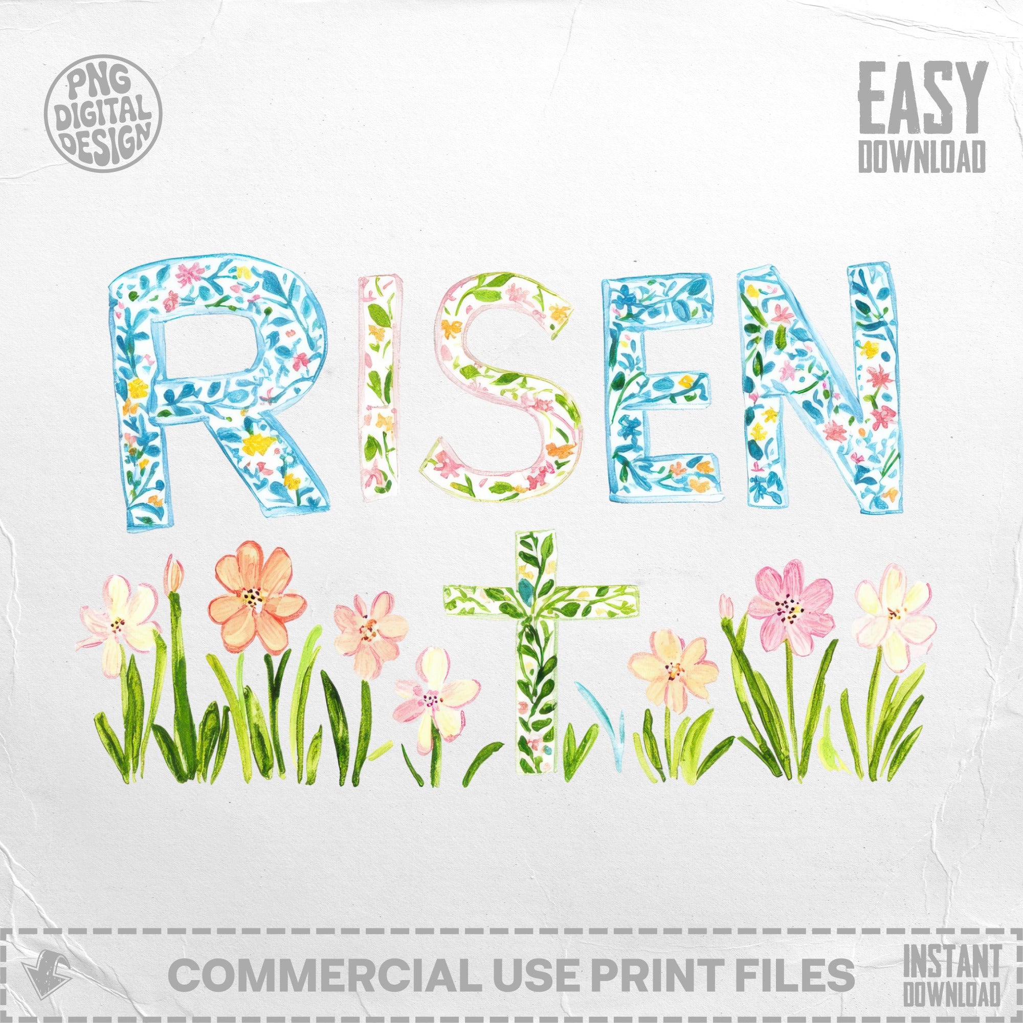 "RISEN" text with floral accents and a watercolor cross on a plain background.