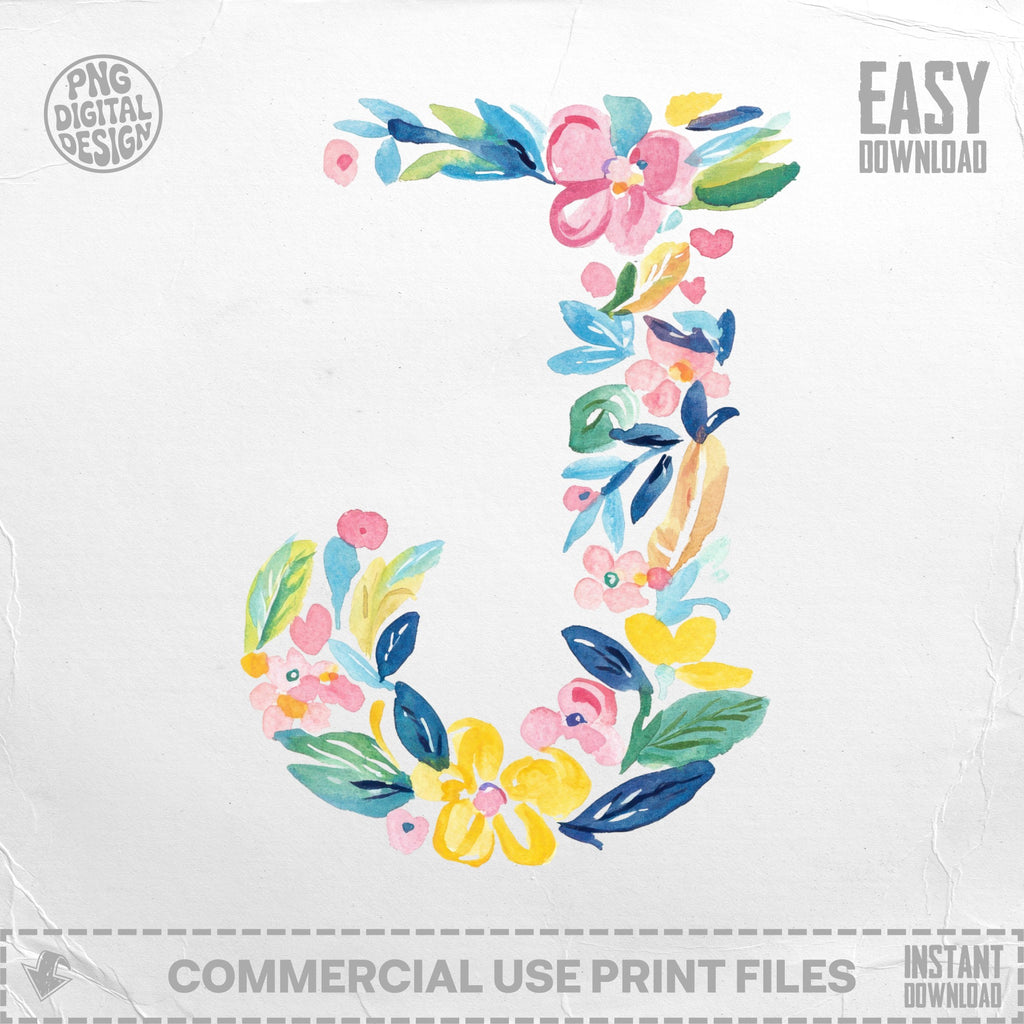 Watercolor floral letter J with pastel pink, yellow, and blue flowers.