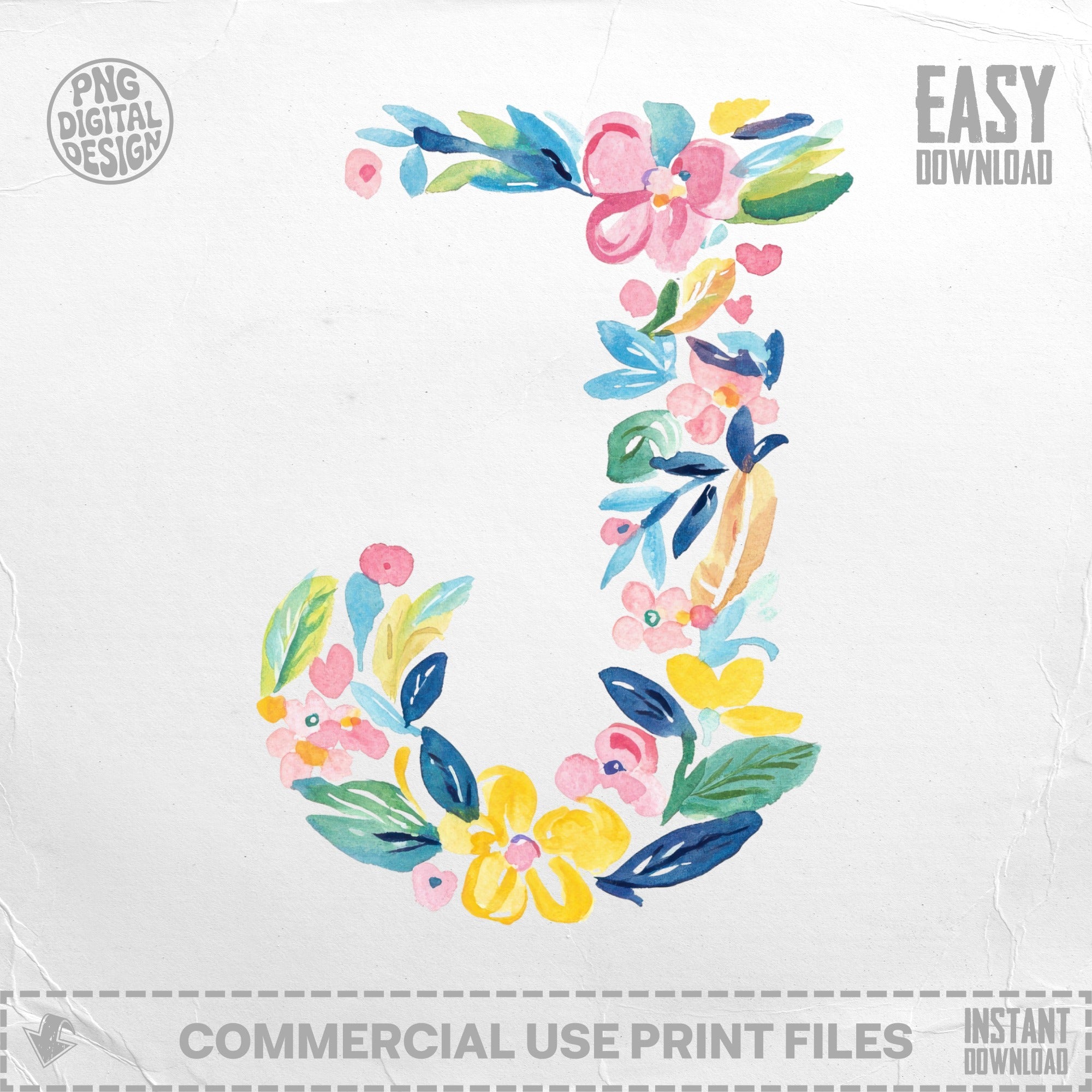 Watercolor floral letter J with pastel pink, yellow, and blue flowers.