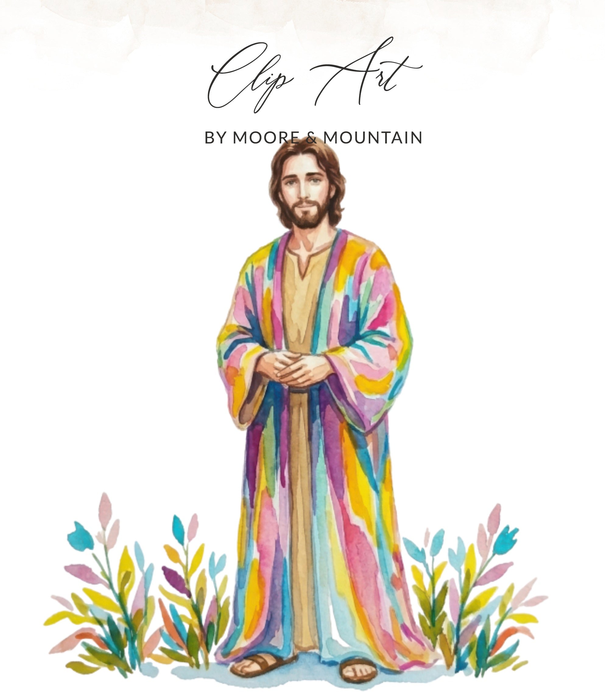 Jesus in colorful robe standing with floral accents.
