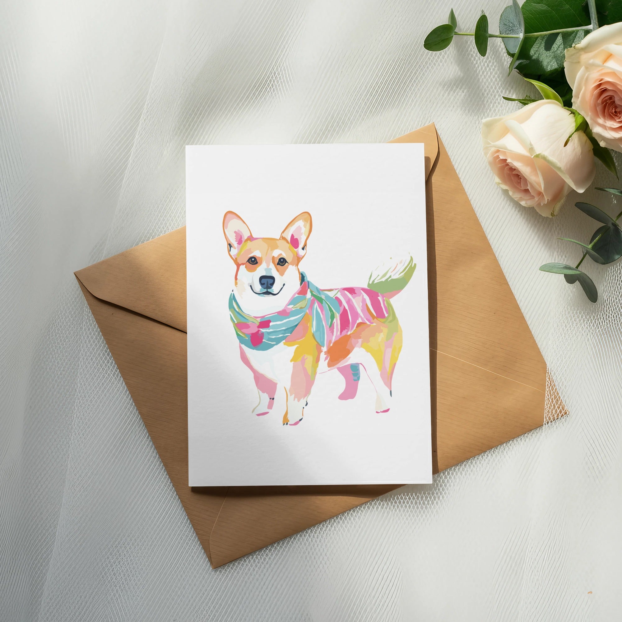 Watercolor corgi wearing a colorful scarf on an envelope.