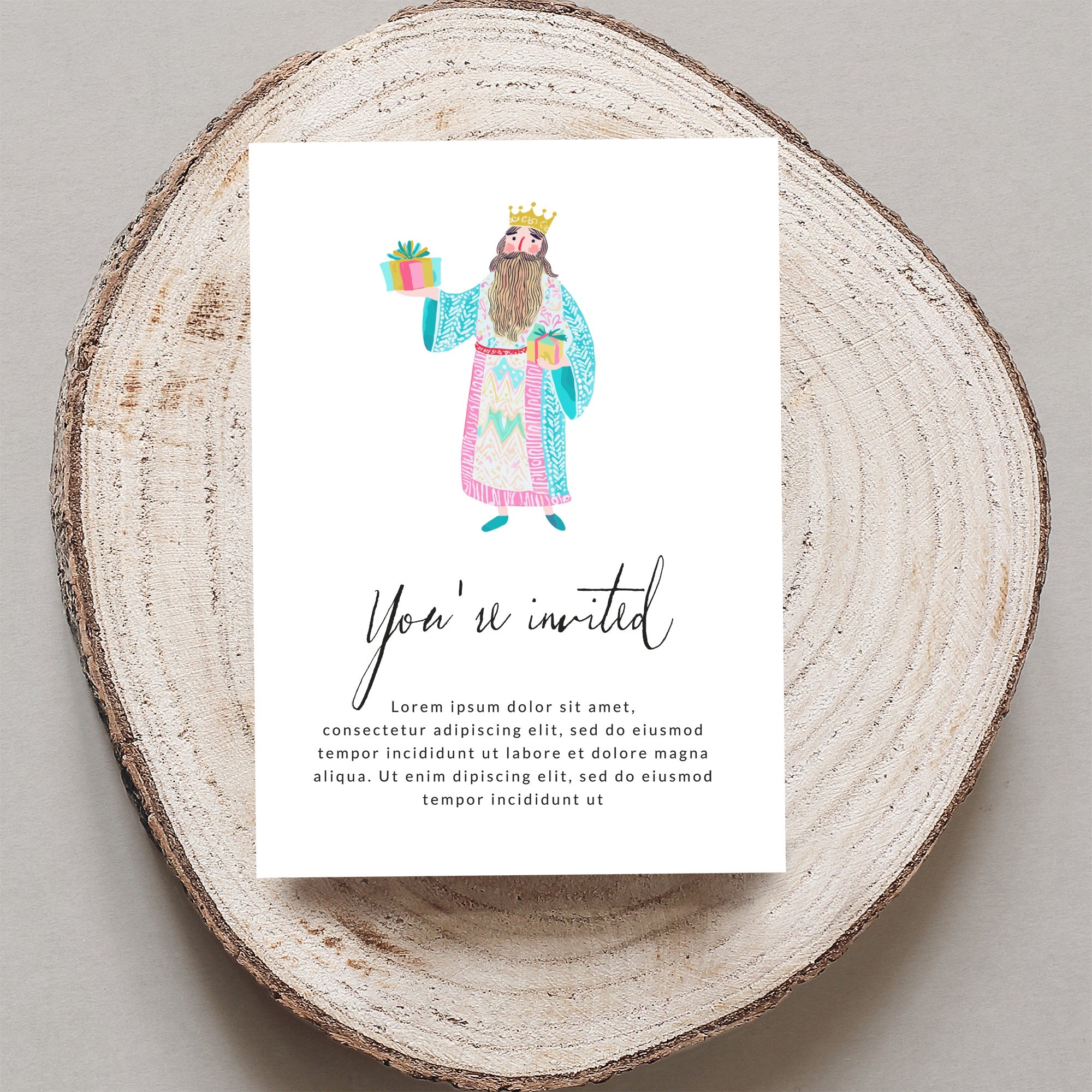 Invitation card with a king illustration and "You're invited" text.