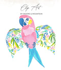 Pink parrot with blue tail and colorful tropical wings, "Clip Art" text.