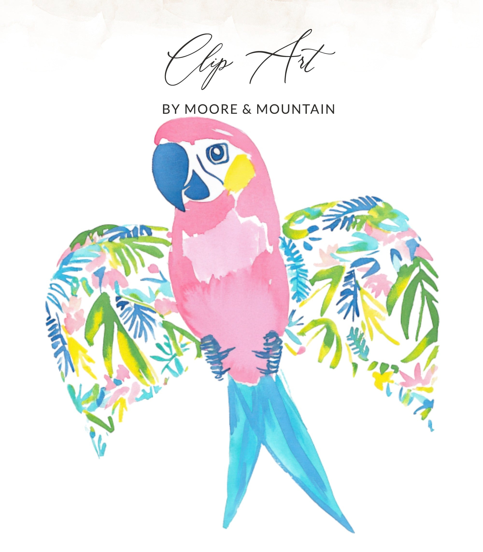 Pink parrot with blue tail and colorful tropical wings, "Clip Art" text.