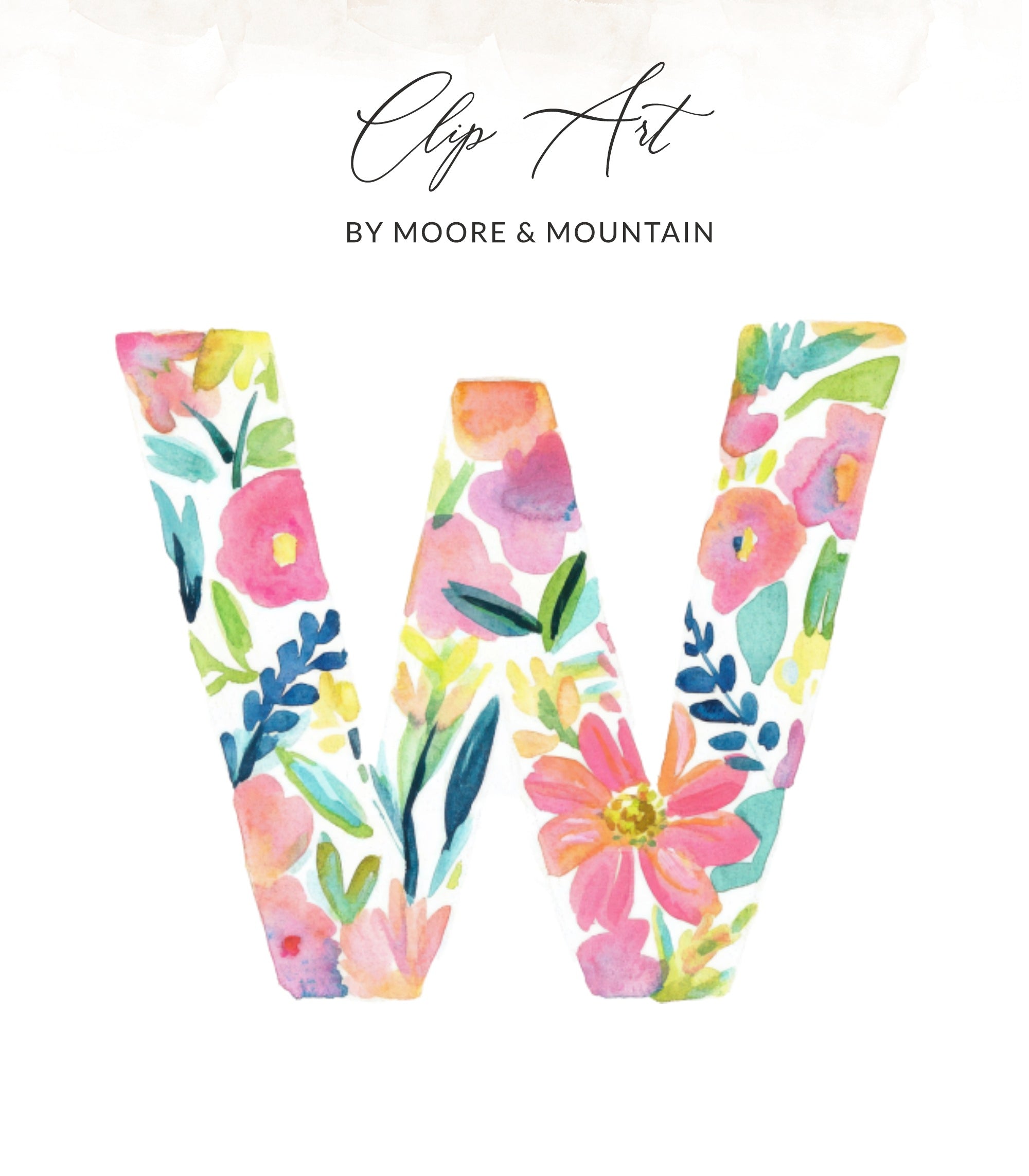 Floral watercolor letter W by Moore & Mountain.