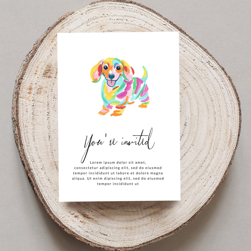 Colorful dachshund illustration on an invitation with "You're invited" text.