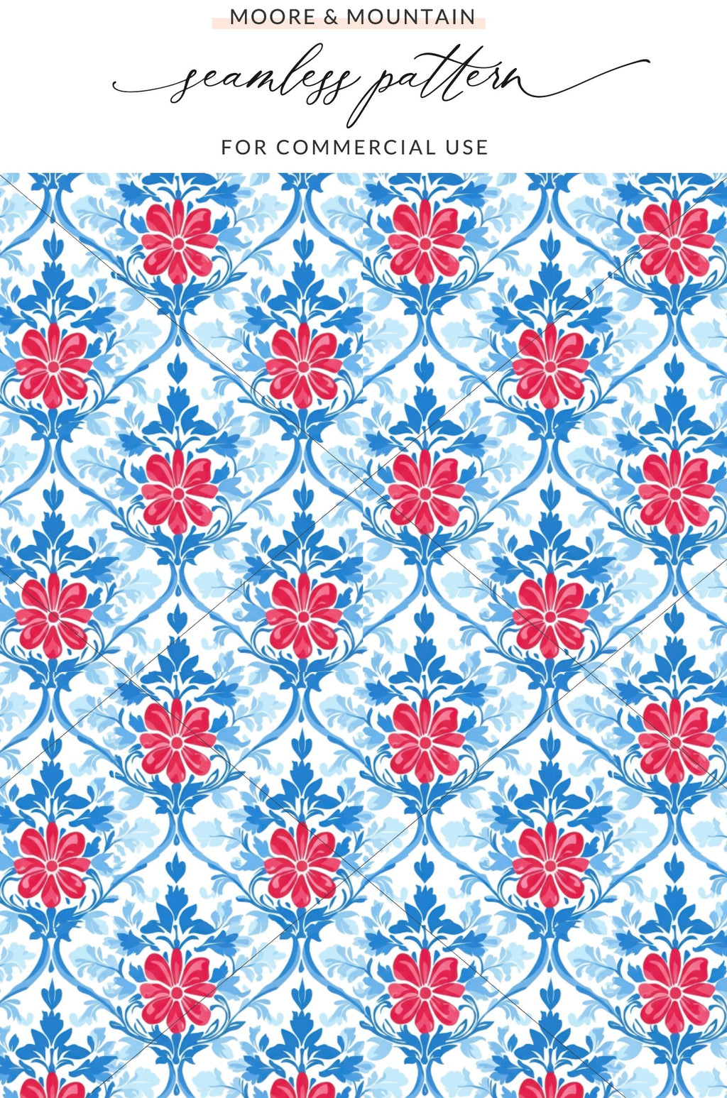 Seamless pattern of red flowers and blue foliage.