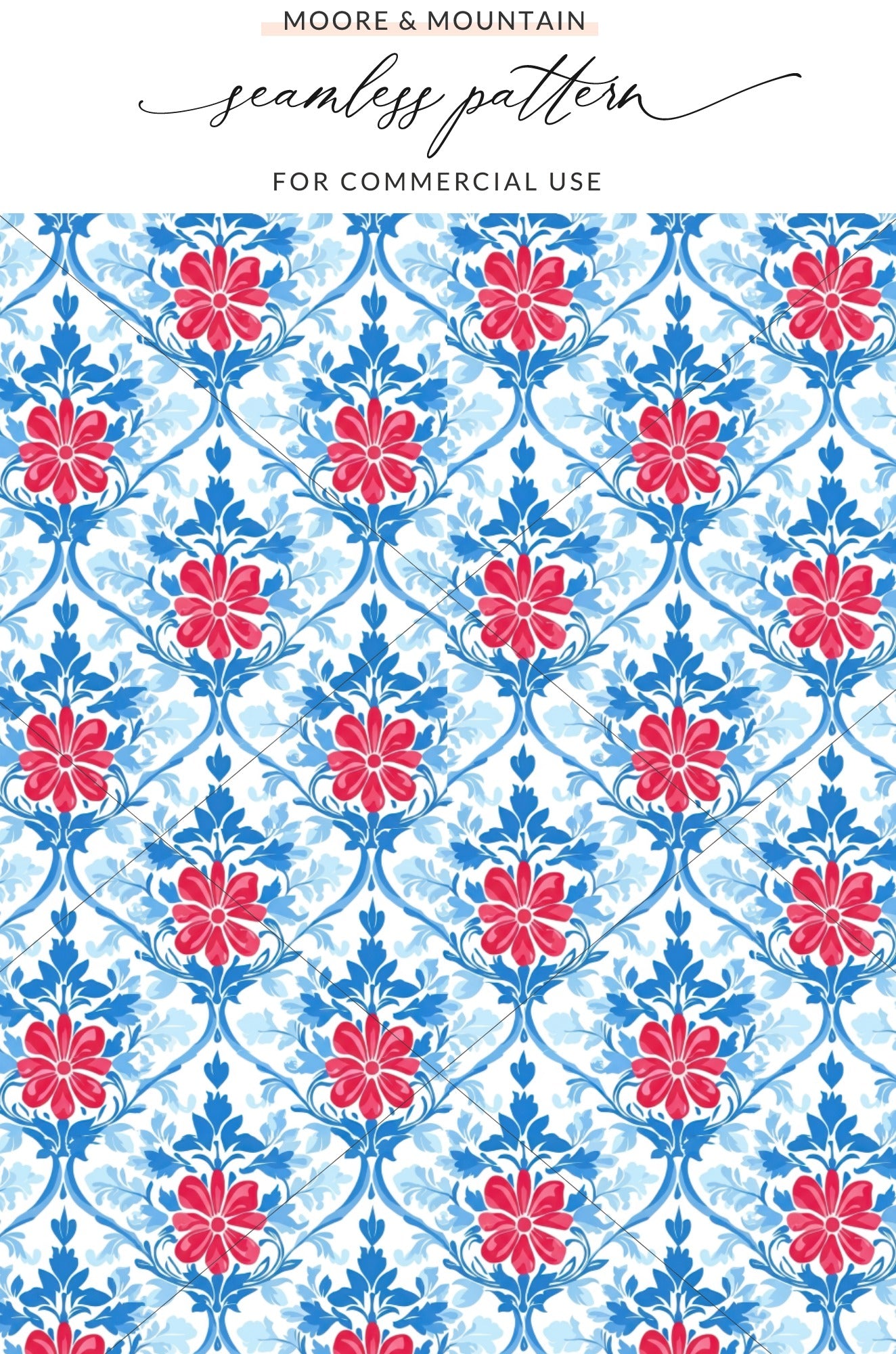 Seamless pattern of red flowers and blue foliage.