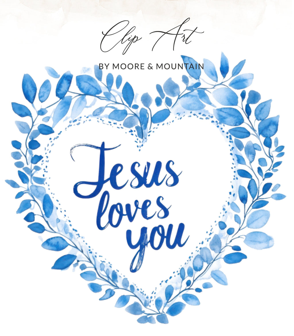 Blue watercolor heart wreath with "Jesus loves you" text.