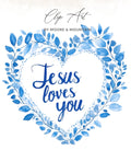 Blue watercolor heart wreath with "Jesus loves you" text.