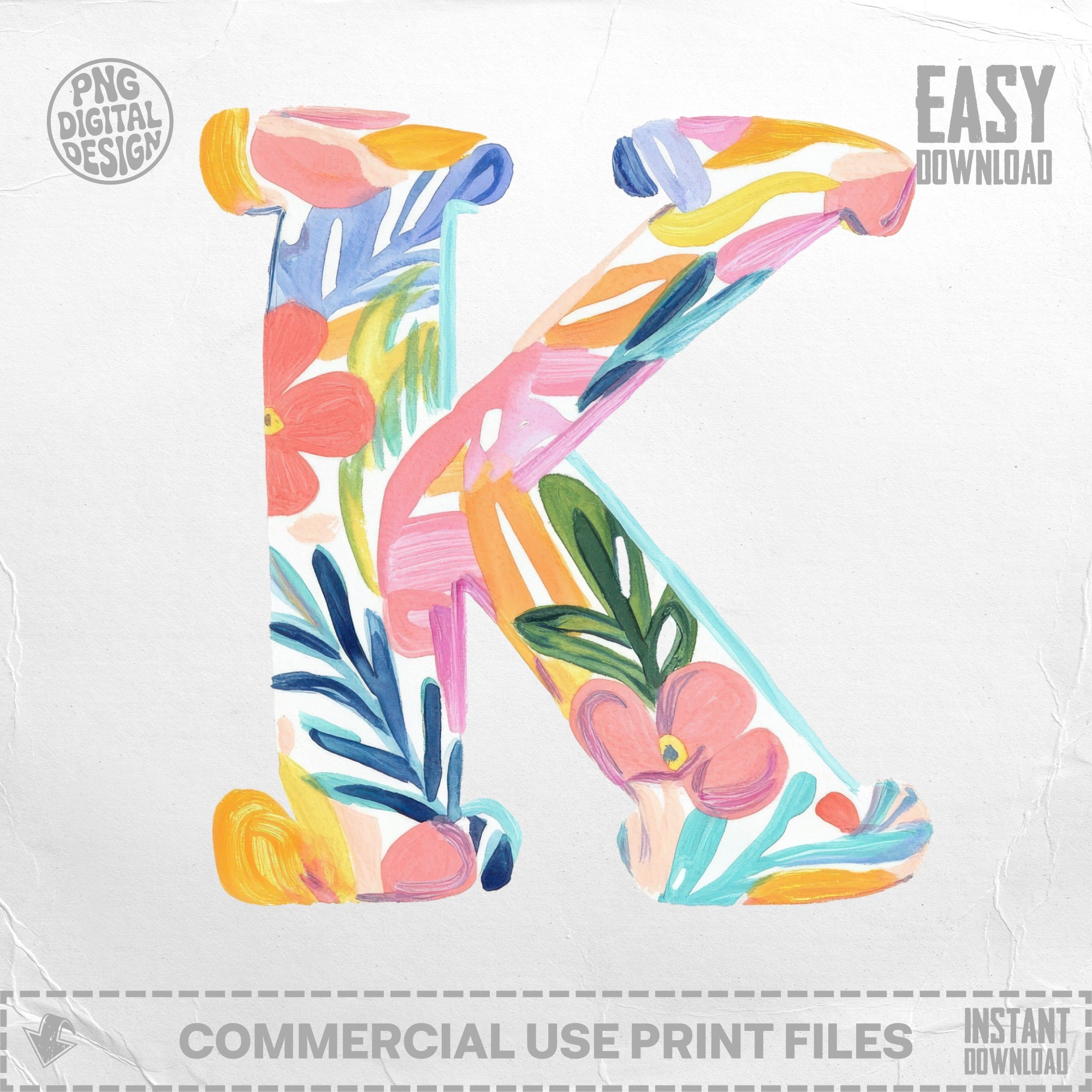 Watercolor floral letter K with "PNG DIGITAL DESIGN" and "EASY DOWNLOAD" text.