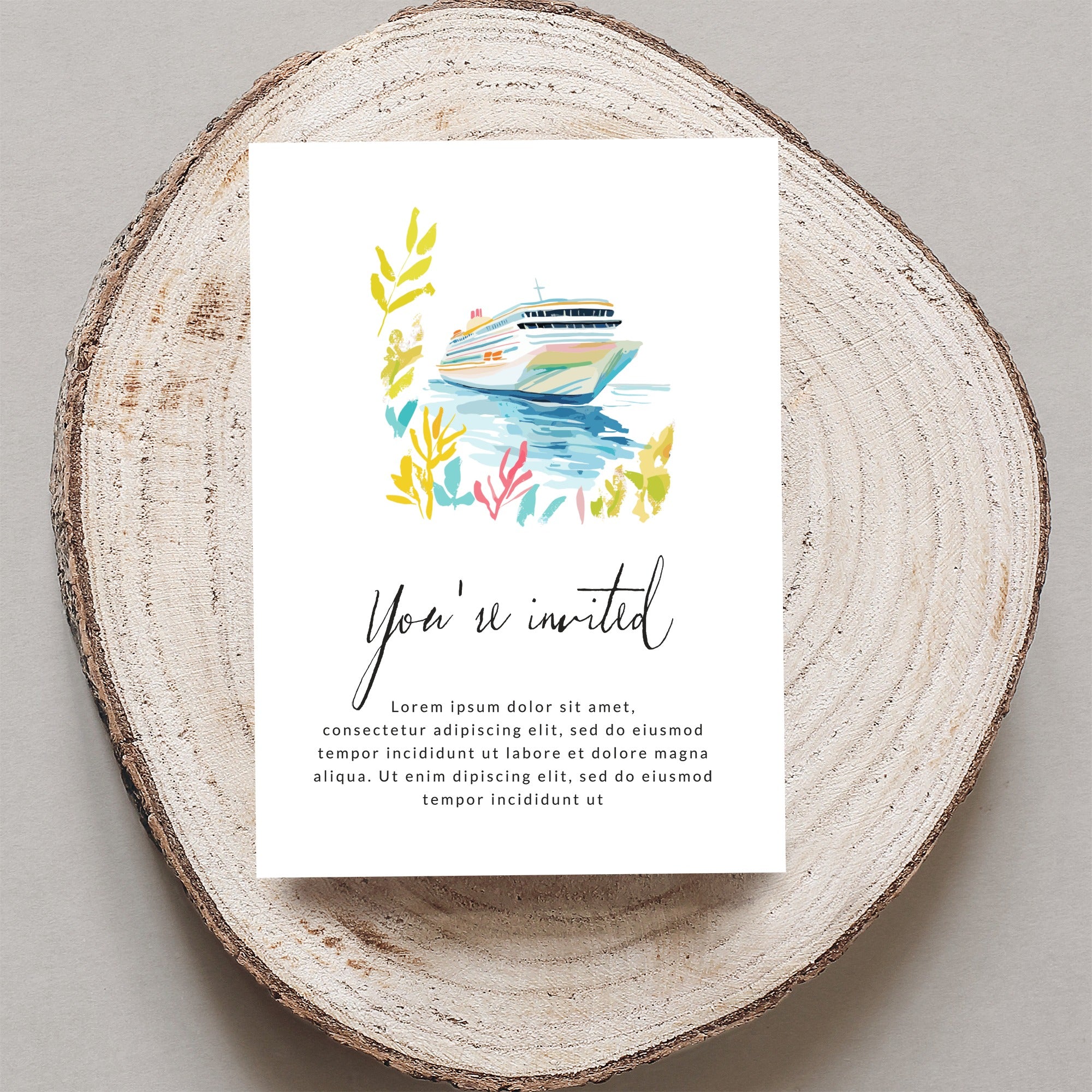 Invitation with ship illustration and "You're invited" text.