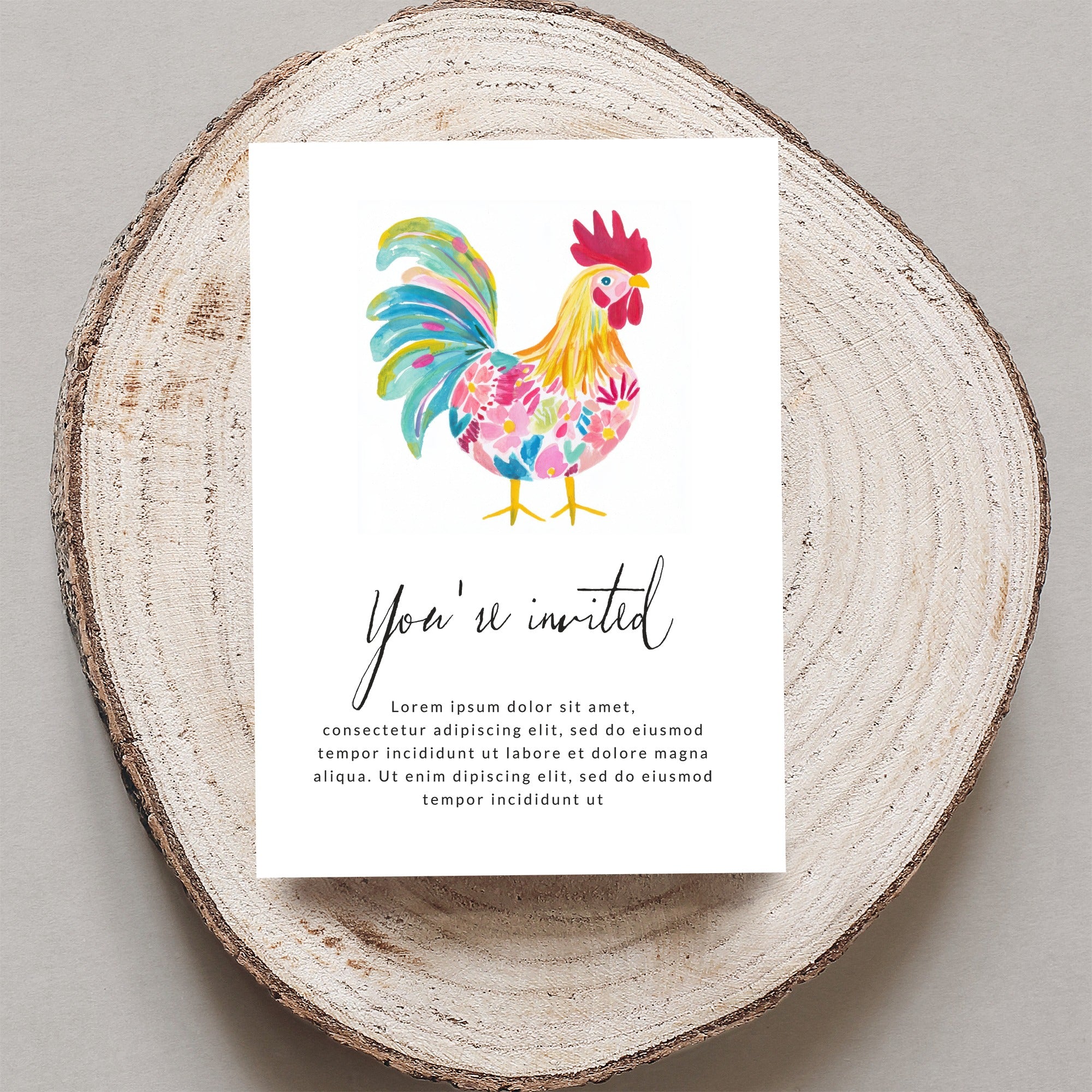 Invitation card with colorful rooster illustration and "You're invited" text.