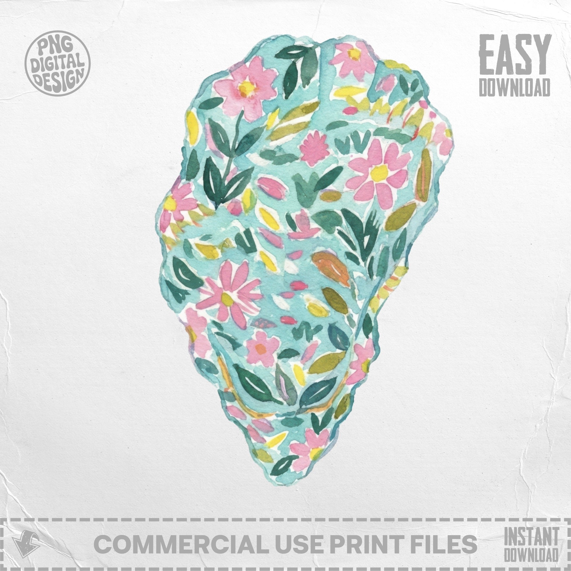 Oyster shell illustration with pink flowers and green leaves, easy download.