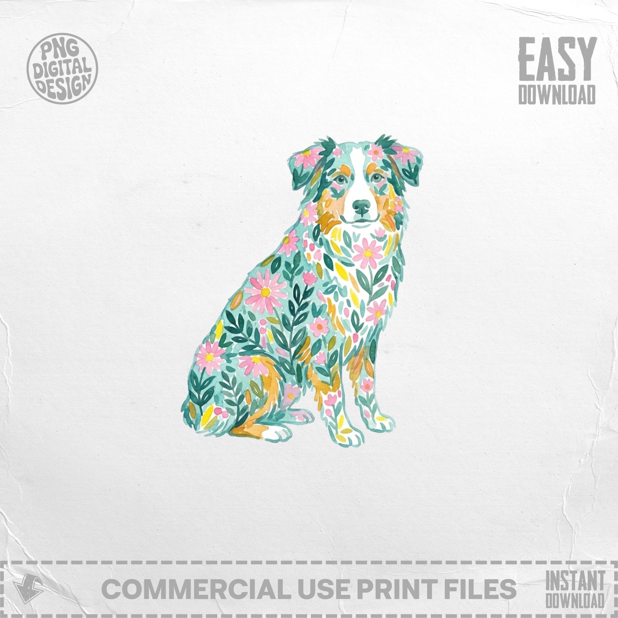 Watercolor Australian Shepherd dog with pink and yellow flowers, "Easy Download"