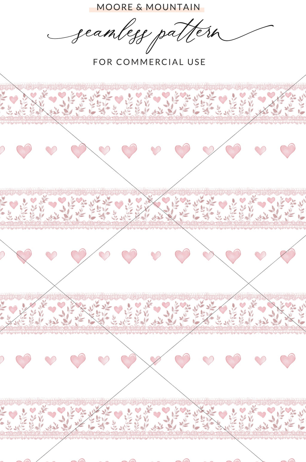Seamless Pink Hearts and Floral Stripes Pattern Design