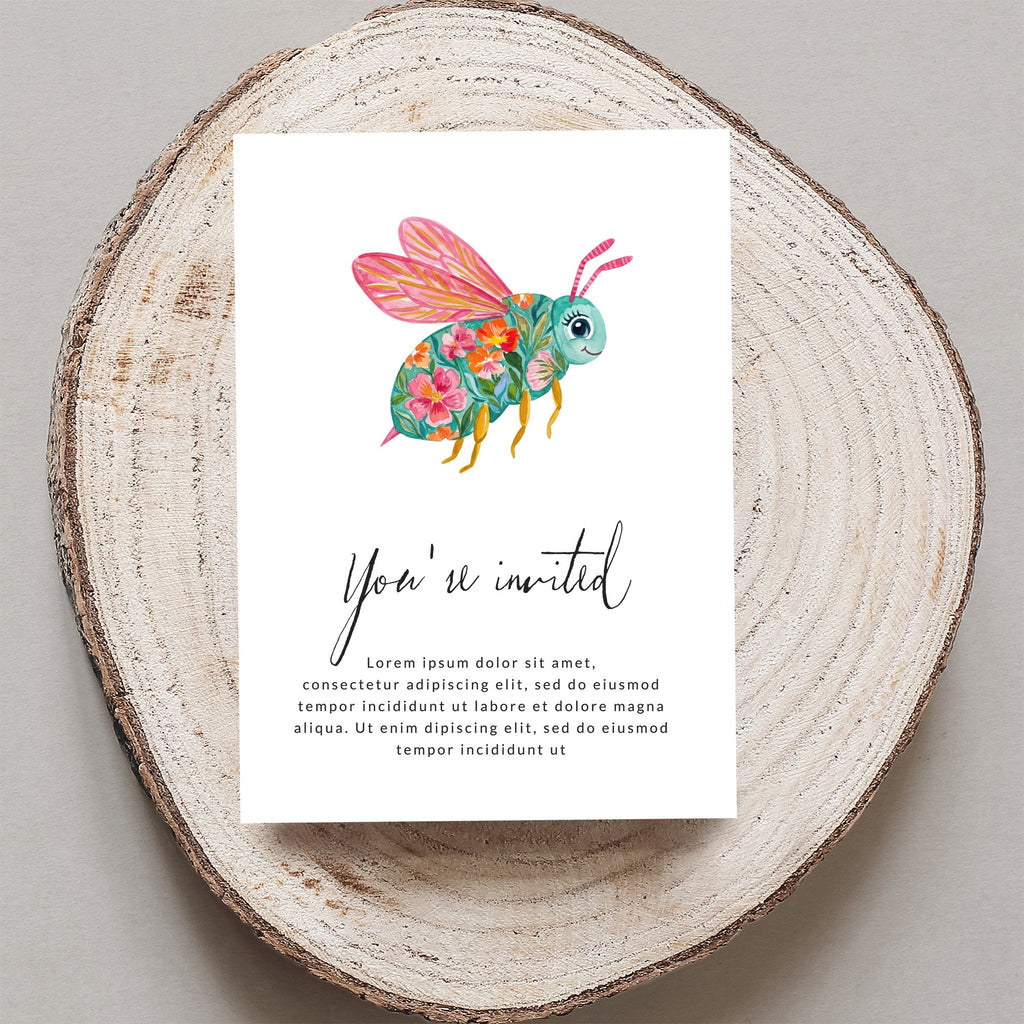 Invitation with a floral bee illustration and placeholder text.