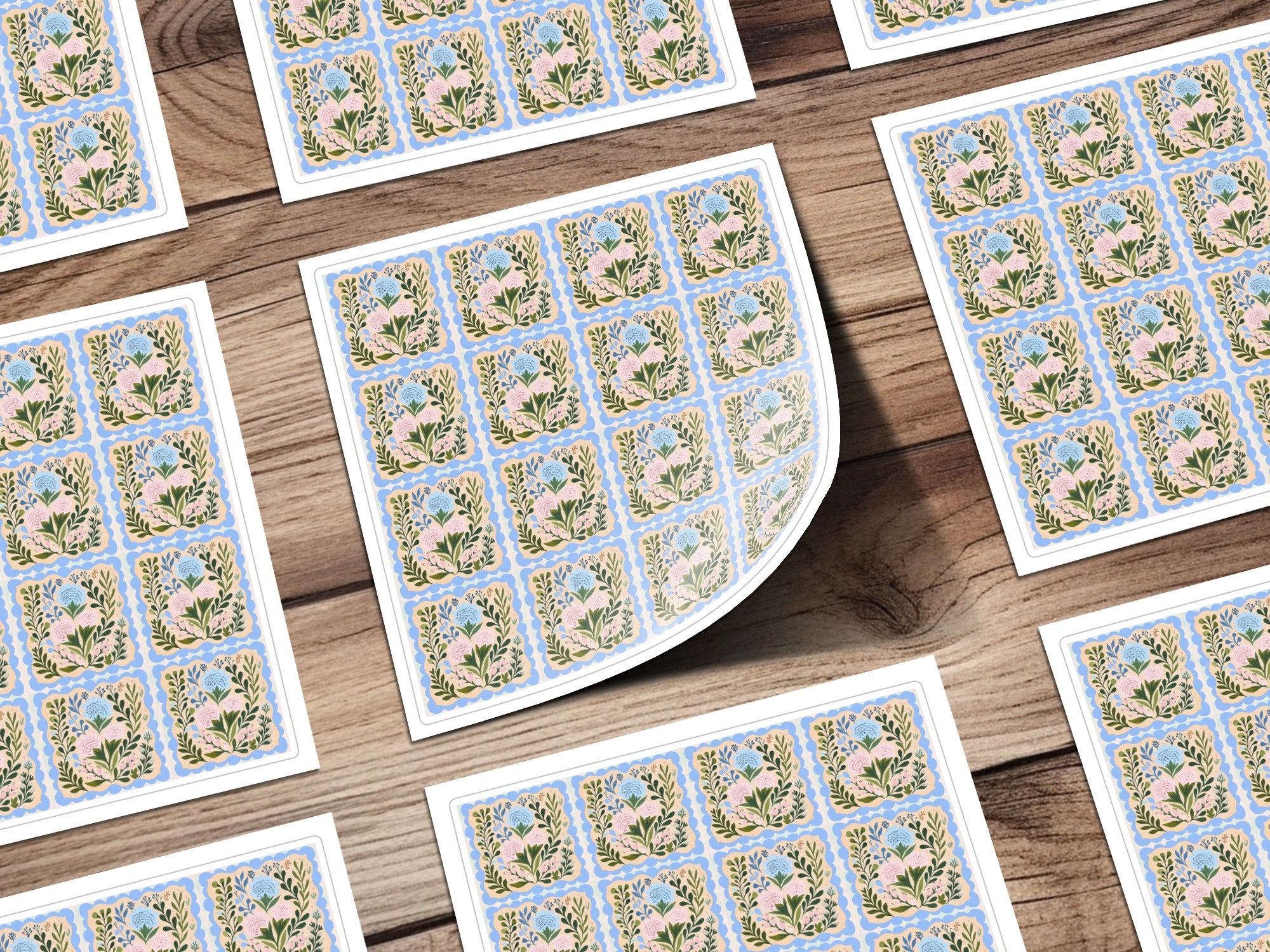 Decorative Pink Blue Floral Scallop Sticker Sheets product type