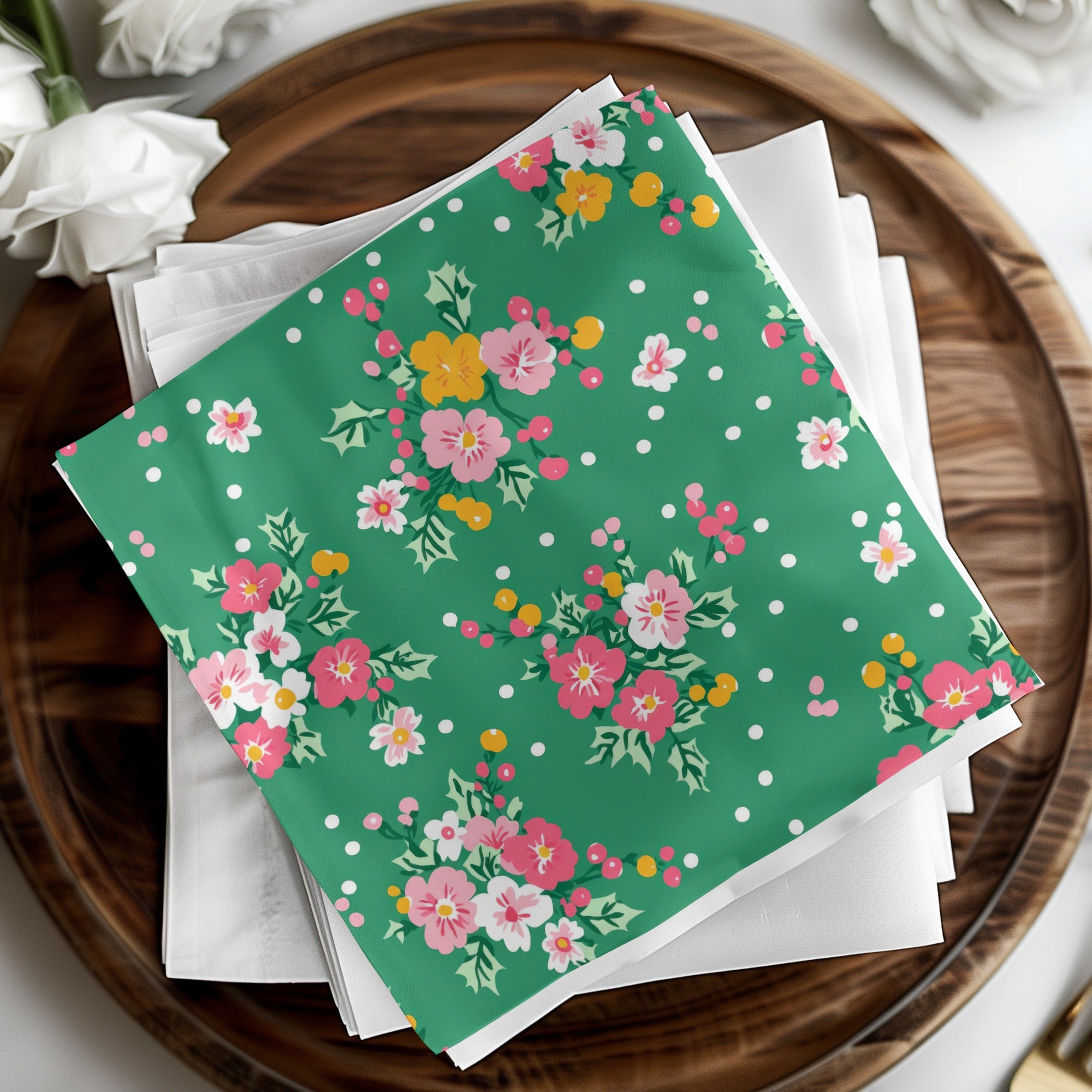 Floral and Polka Dot Green Handkerchief