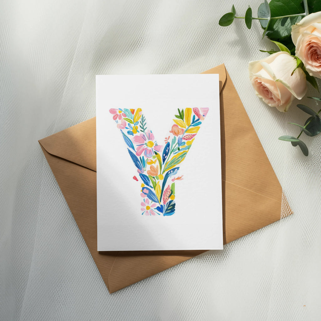 Watercolor letter Y with colorful flowers and leaves on card with envelope.