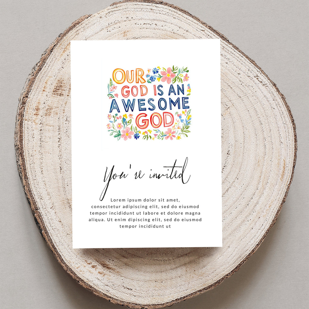 Invitation with "Our God is an Awesome God" and floral design.