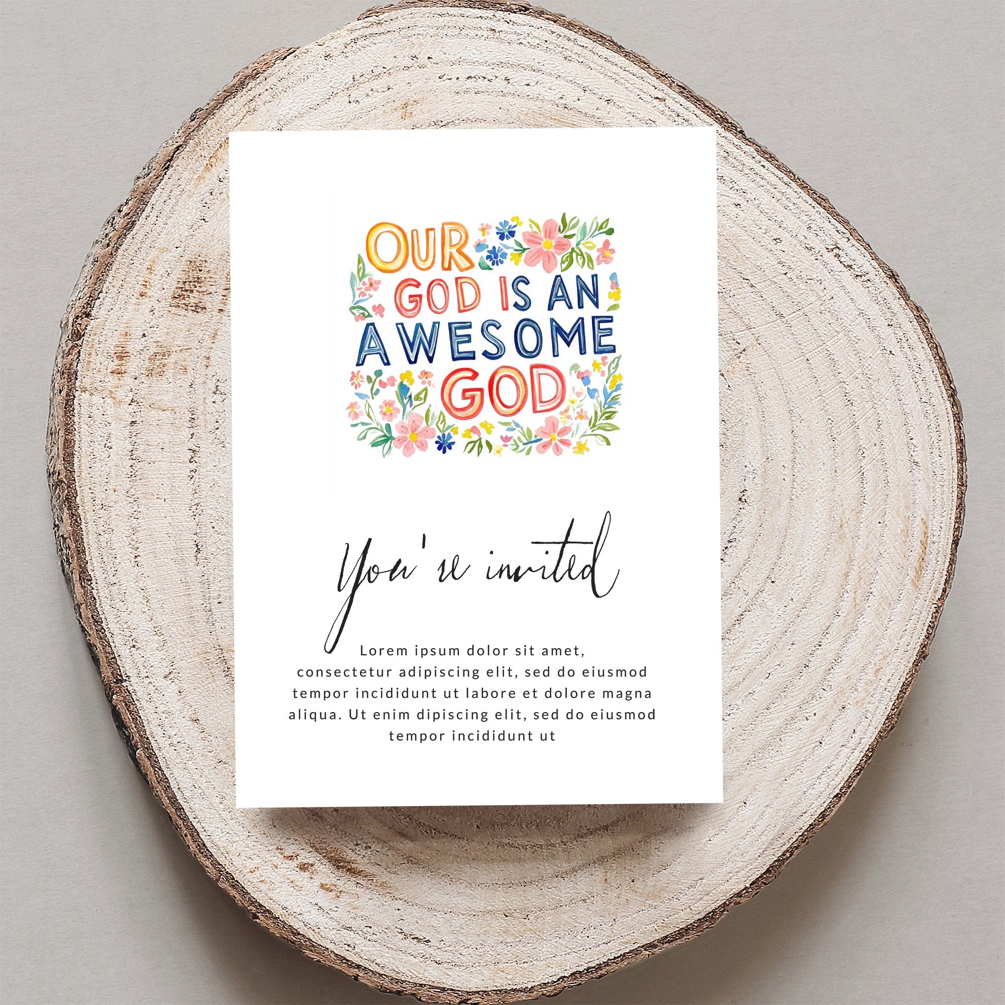 Invitation with "Our God is an Awesome God" and floral design.