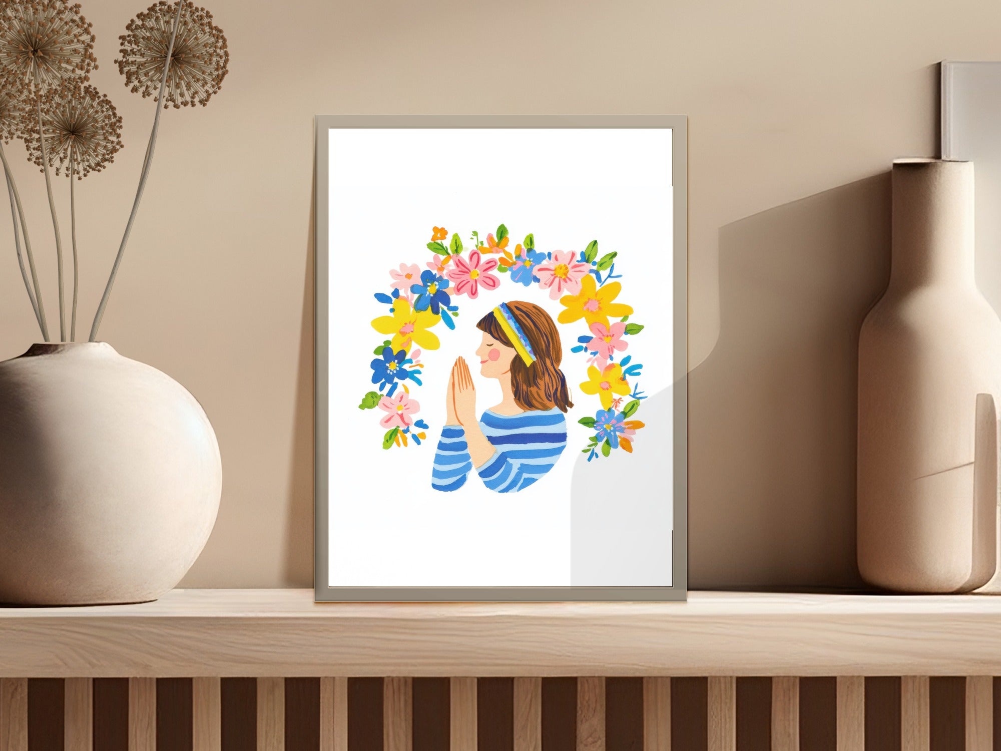 Illustration of a woman with hands clasped, framed by colorful flowers.