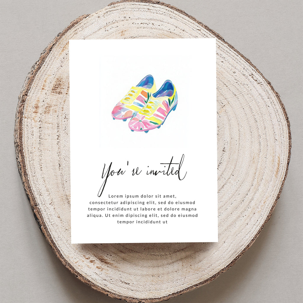 Watercolor invitation with soccer cleats and "You're invited" text.