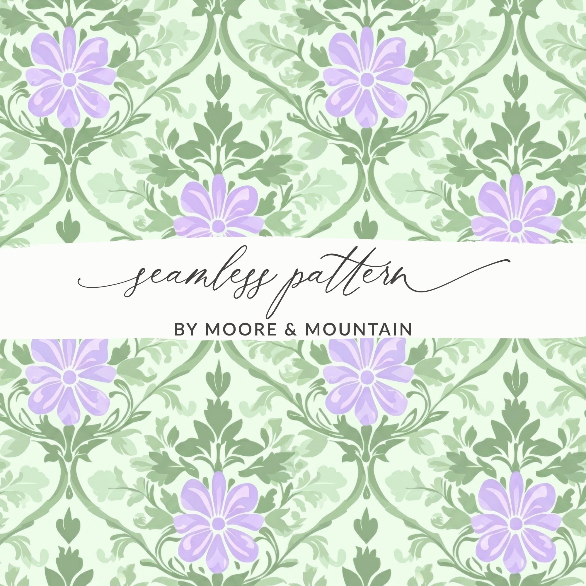 Seamless pattern of purple flowers and green leaves, with "seamless pattern" text.