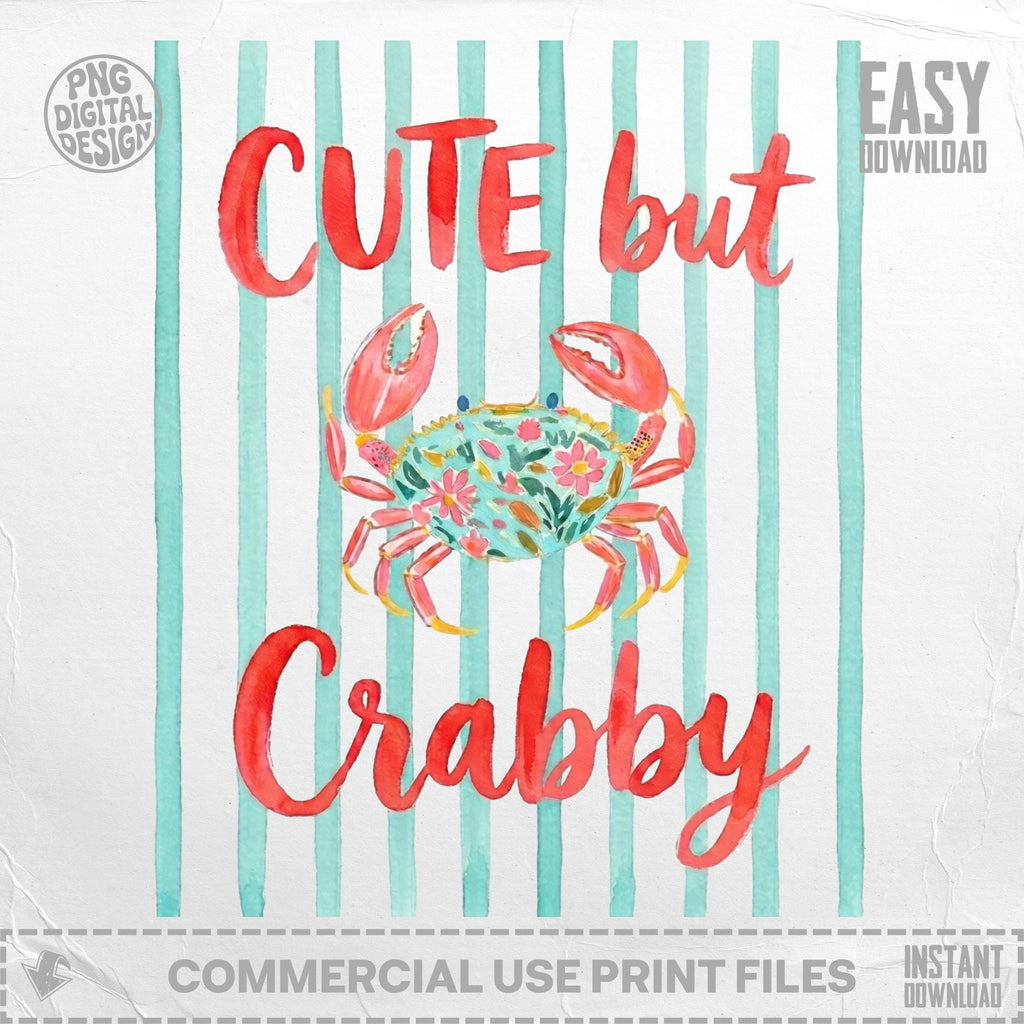 Crab with floral design and text "Cute but Crabby" on striped background.