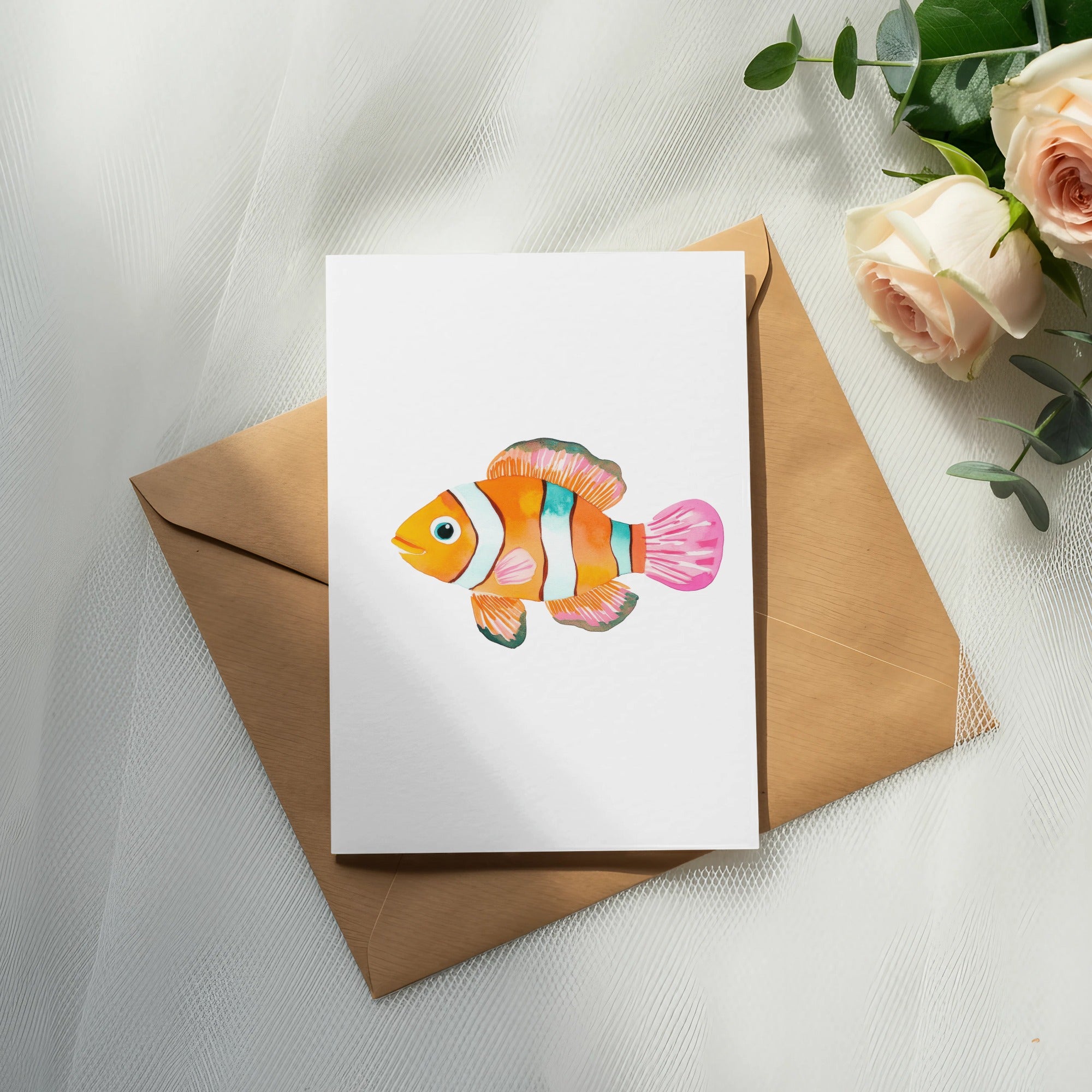 Watercolor clownfish illustration on a card placed on an envelope with roses.