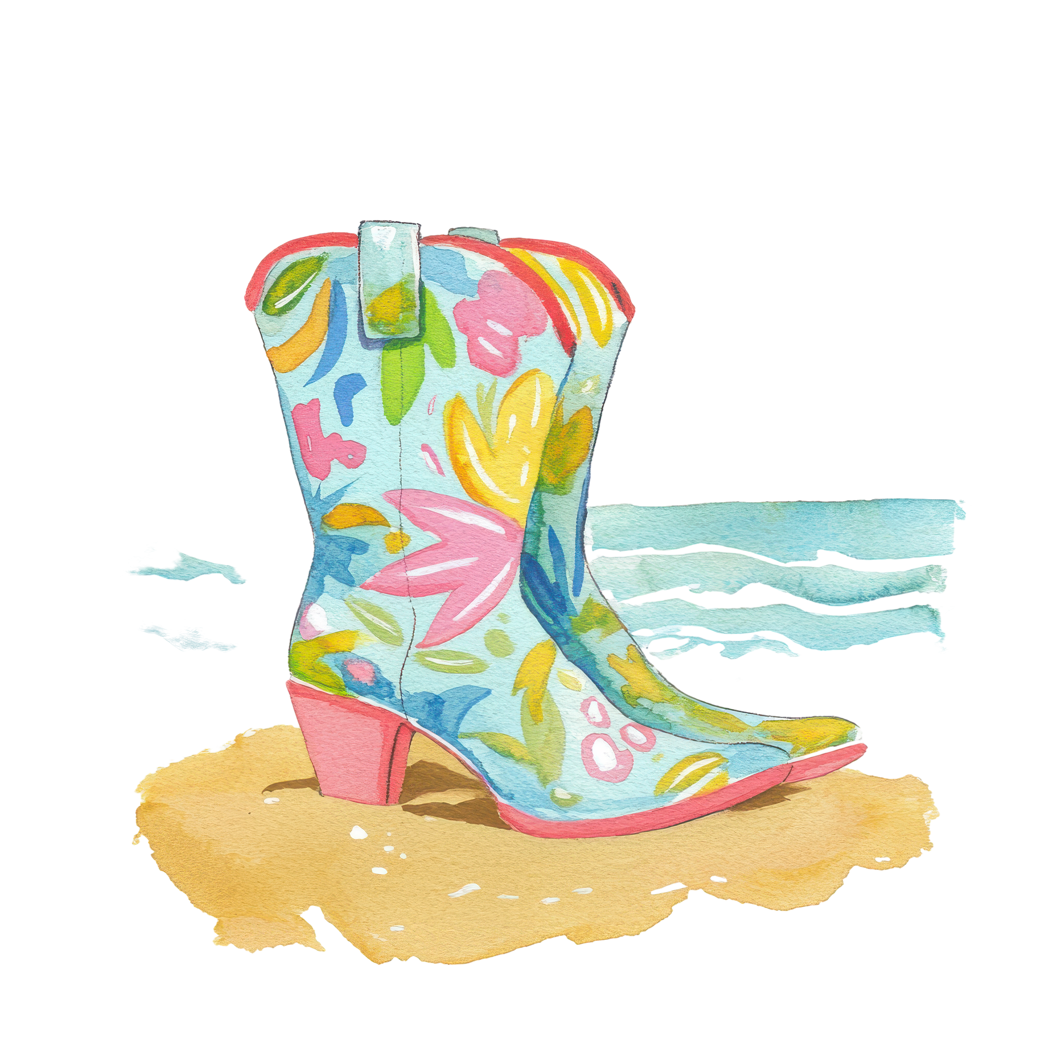 Light blue cowboy boot with floral pattern on sandy beach with ocean waves.
