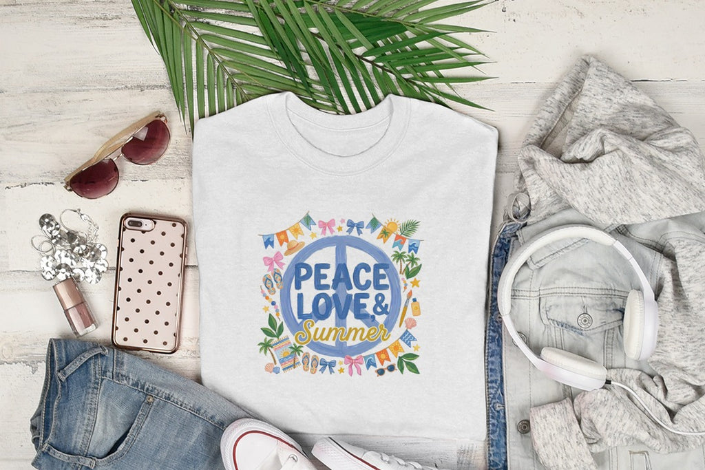 White t-shirt with "Peace Love & Summer" graphic, sunglasses, jeans, and headphones.