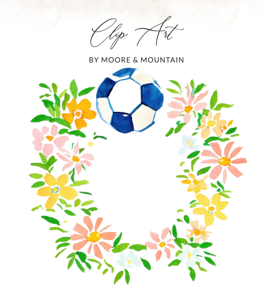 Wreath of flowers with a soccer ball in the center.