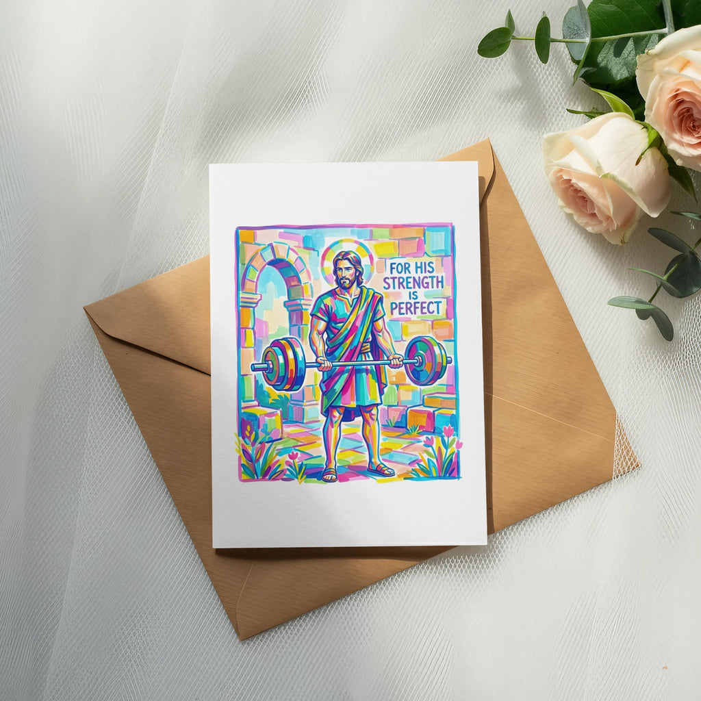 Jesus lifting a colorful barbell with "For His Strength is Perfect" text.
