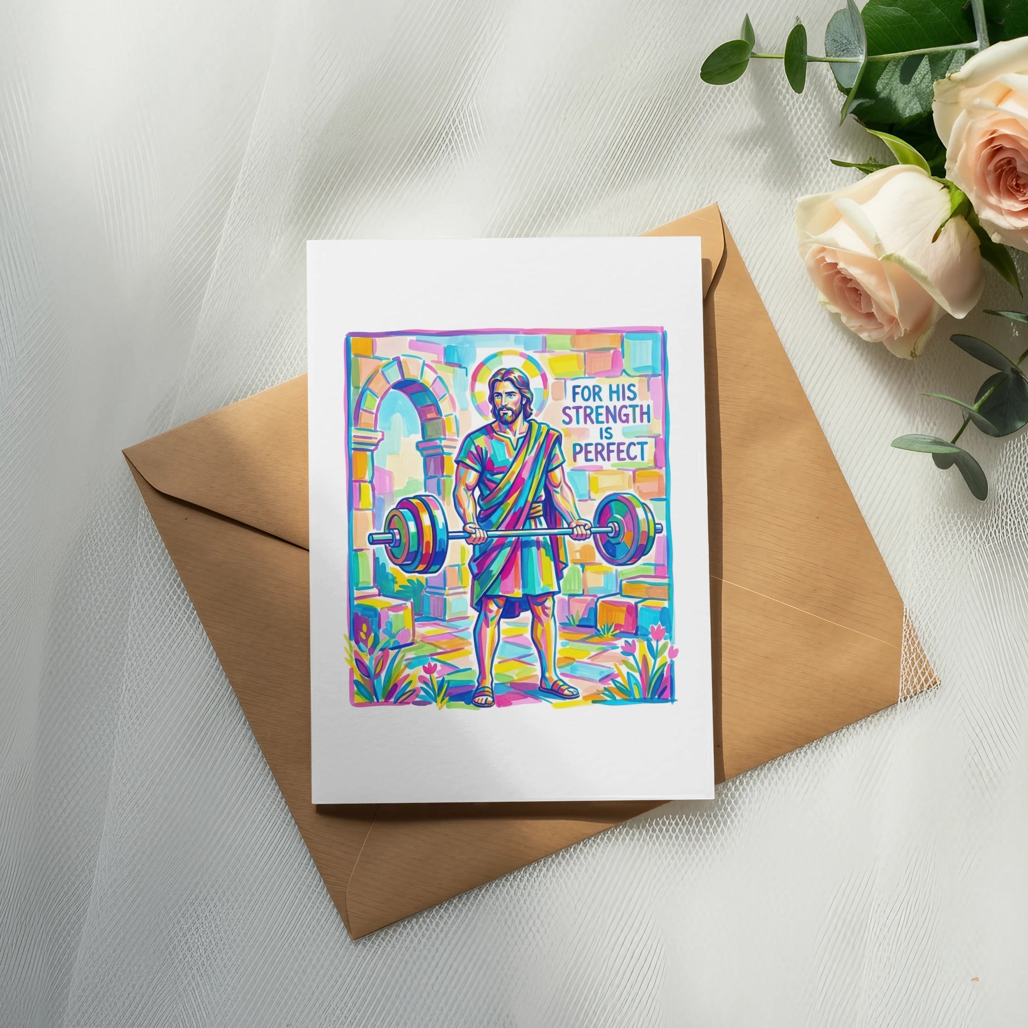Jesus lifting a colorful barbell with "For His Strength is Perfect" text.