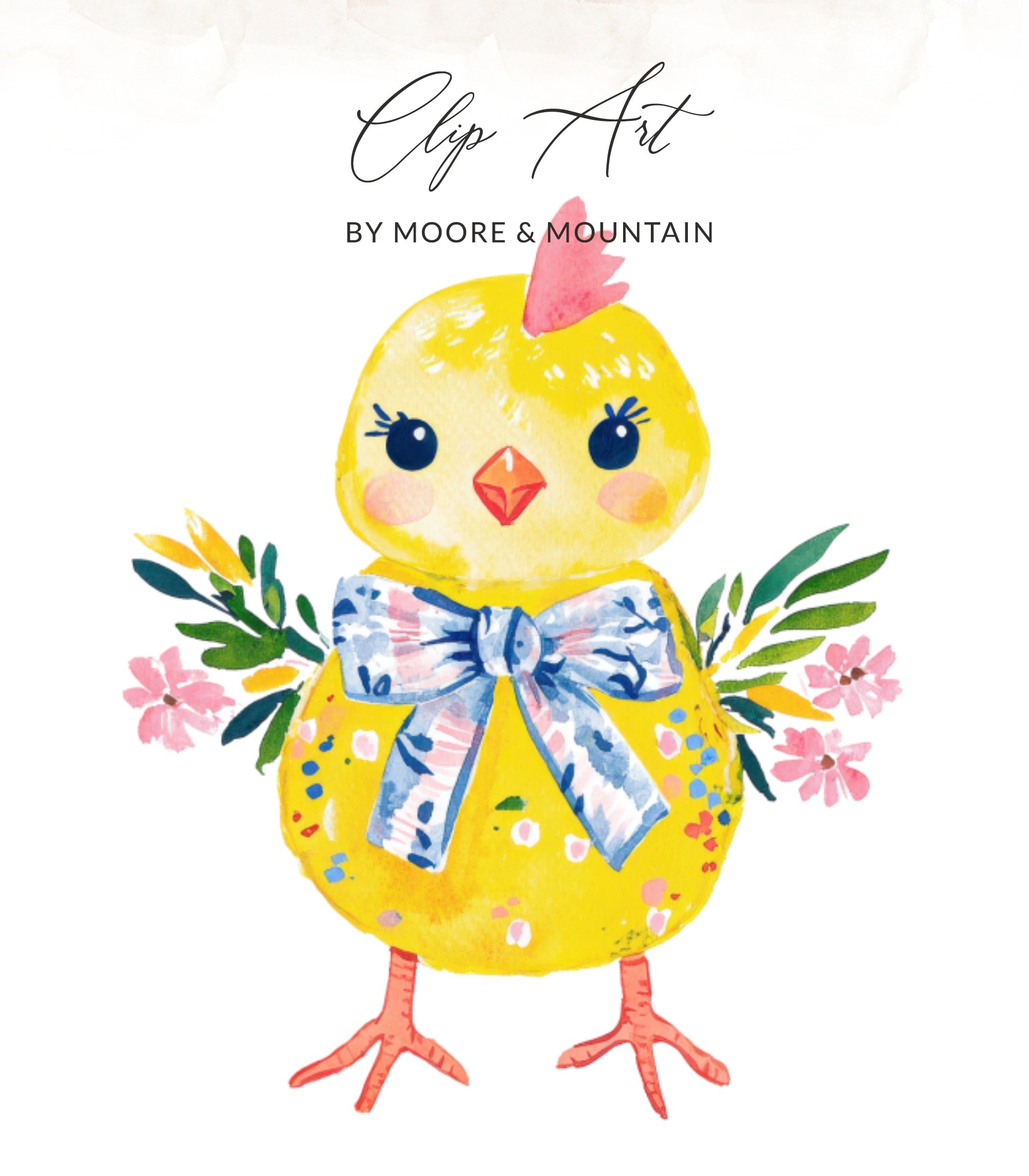 Yellow chick with pink flowers and a blue bow.