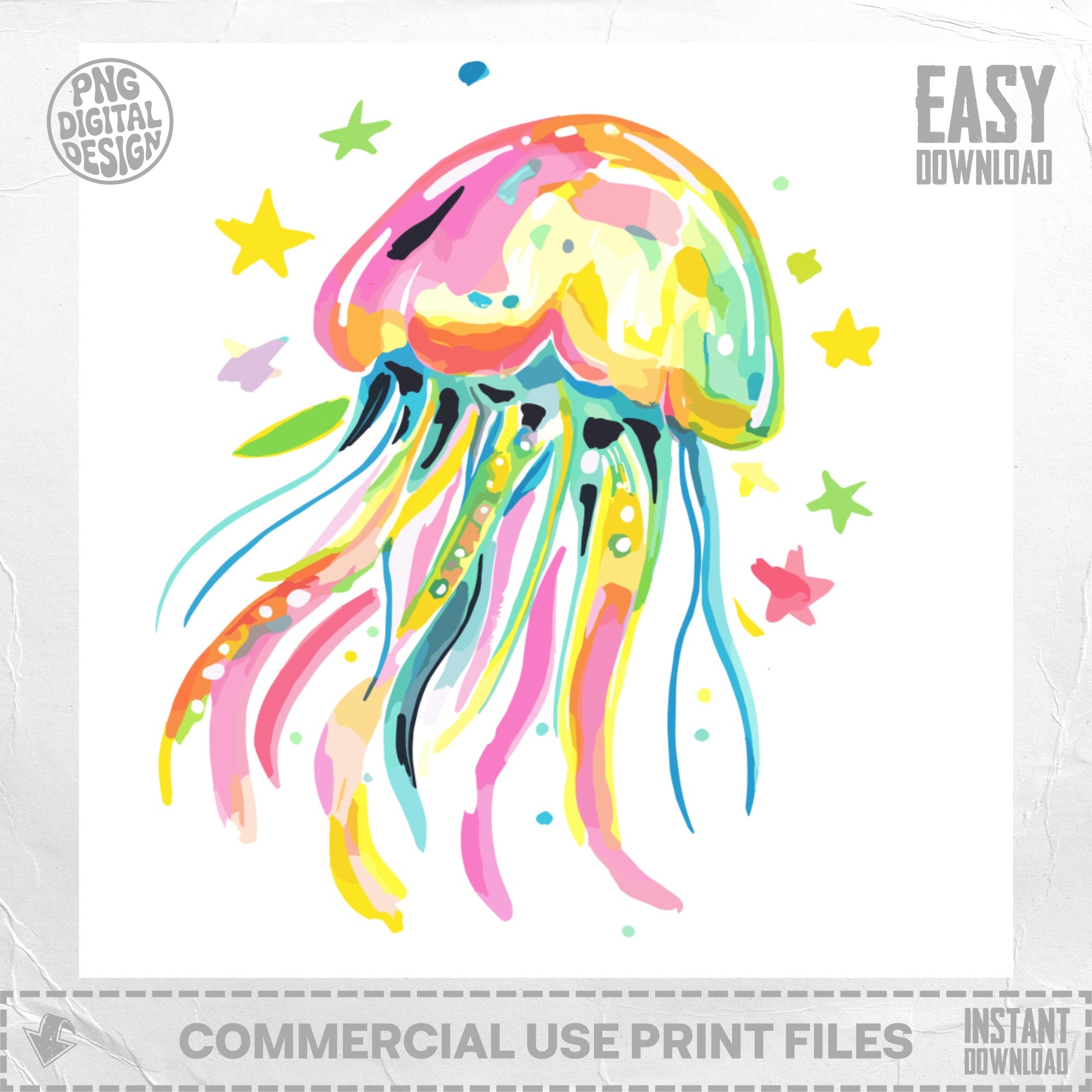 Watercolor jellyfish illustration with colorful tentacles and stars, "Easy Download" text.
