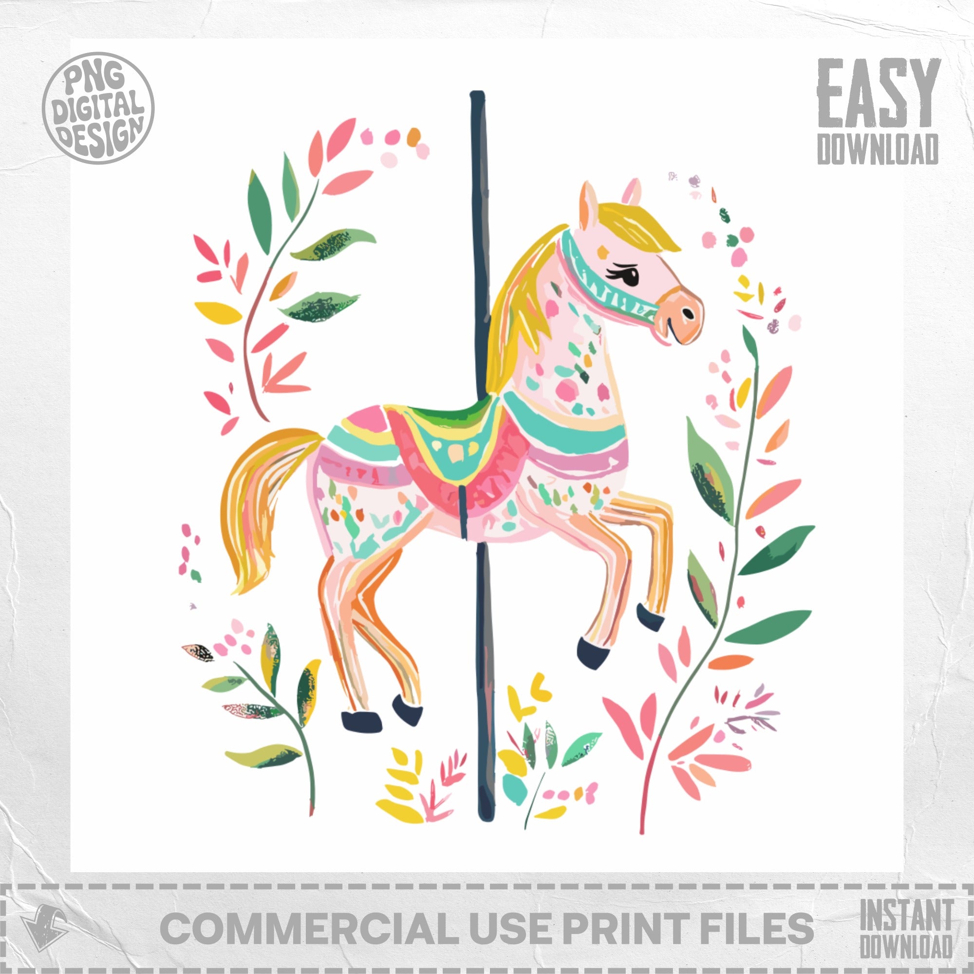 Pink carousel horse with floral accents, "PNG DIGITAL DESIGN" and "EASY DOWNLOAD".