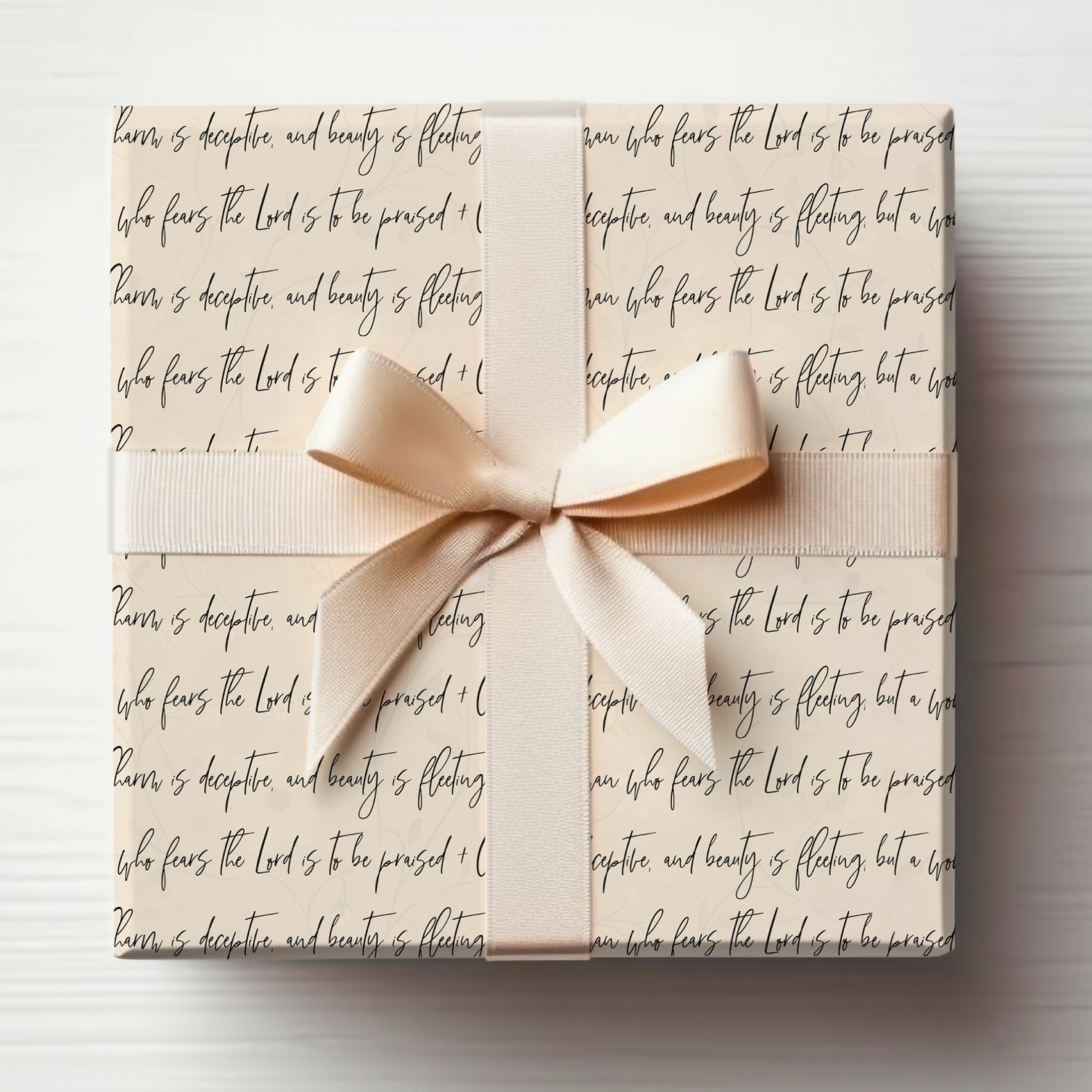 Elegant Scripture Gift Wrap with Light Ribbon Design