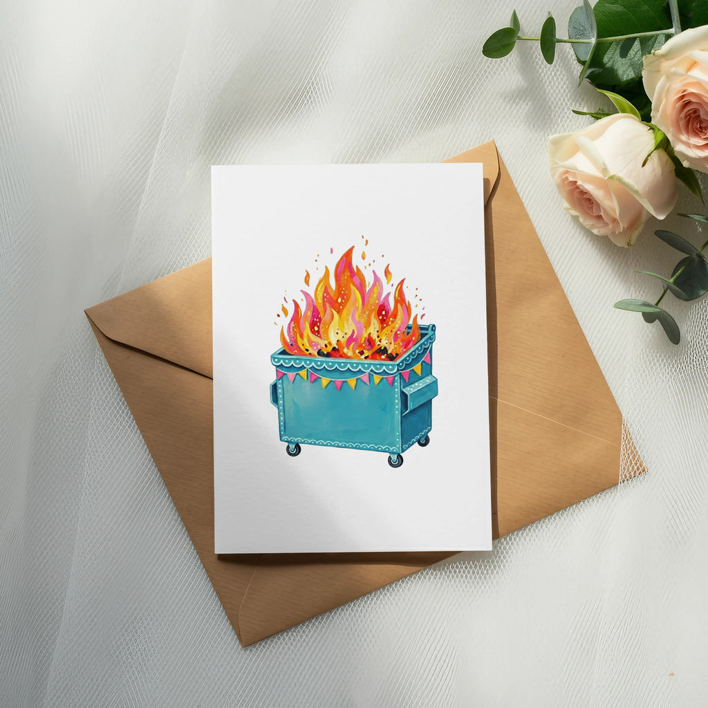 Burning dumpster with colorful flags on a card, with roses and greenery.