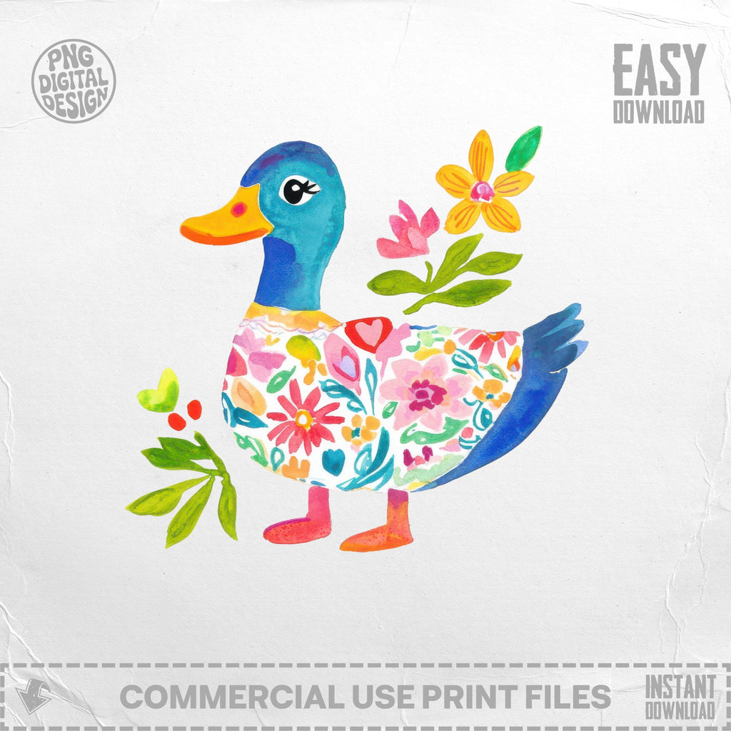 Illustration of a whimsical duck wearing a floral shirt with colorful flowers.