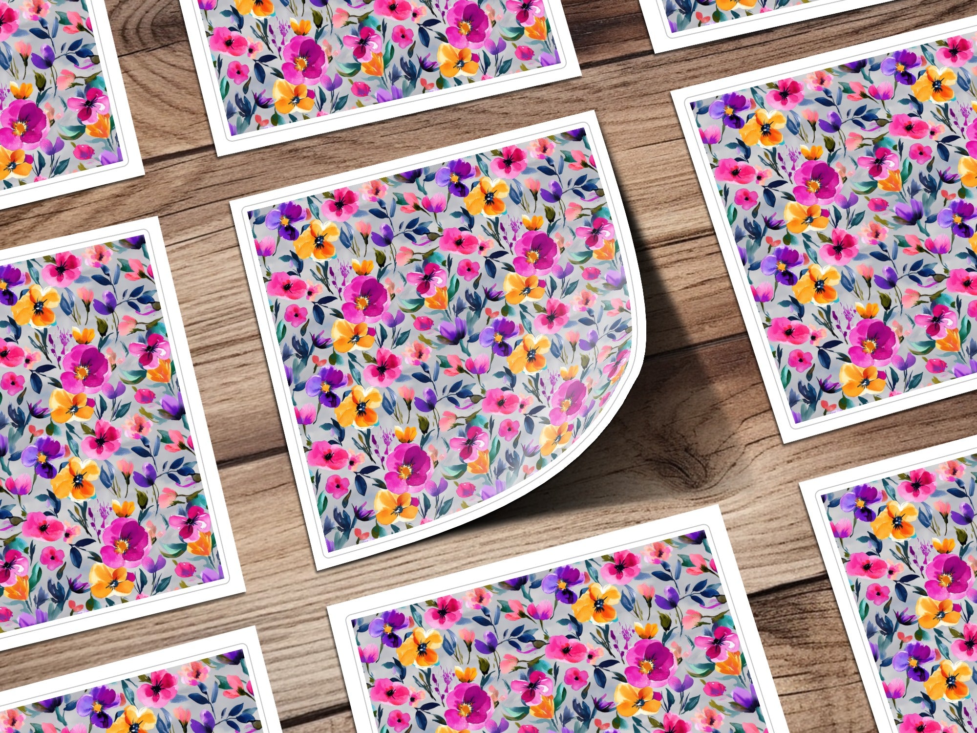 Bright Colorful Floral Pattern on Wooden Background Print