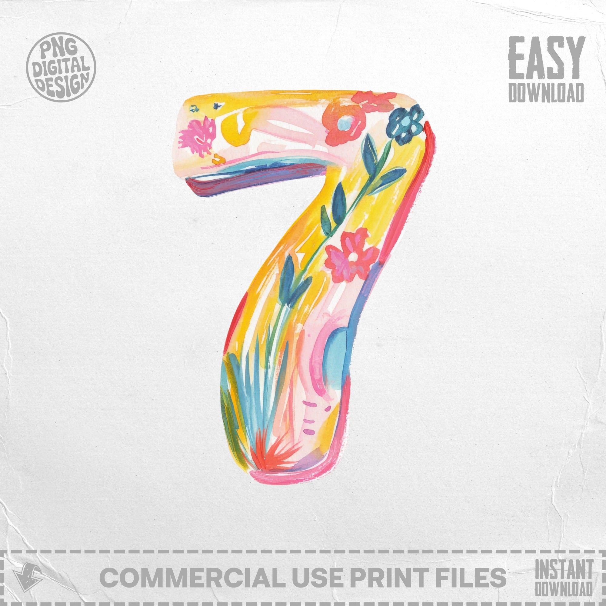 Watercolor number 7 with floral designs and "Easy Download" text.