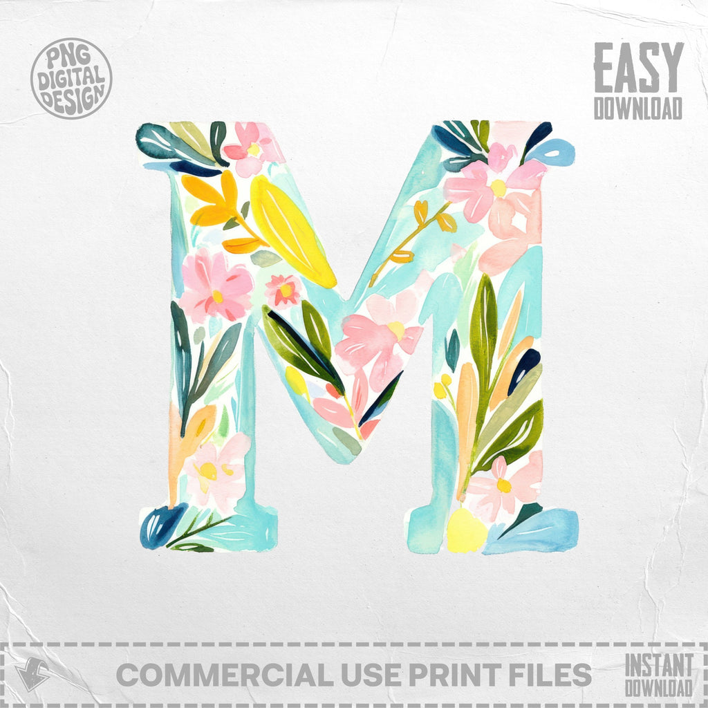 Watercolor letter M with floral pattern and "PNG Digital Design" watermark.
