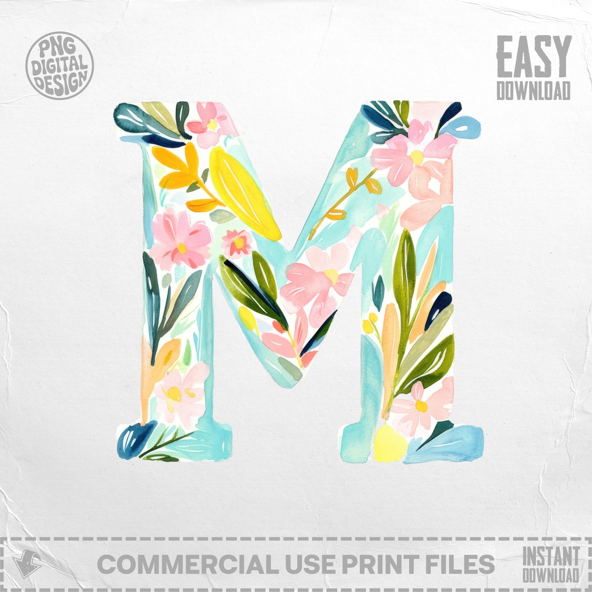 Watercolor letter M with floral pattern and "PNG Digital Design" watermark.